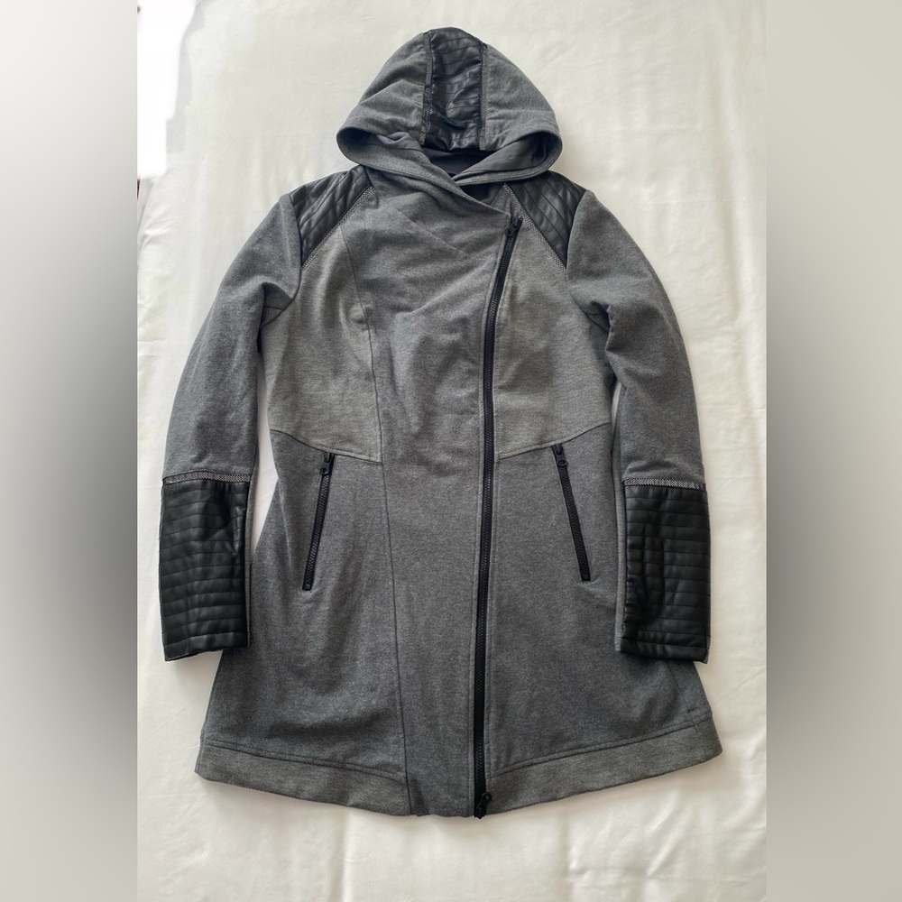 Blanc Noir Traveler Moto Jacket Gray w/Quilted Faux Leather Panels Hooded Size L